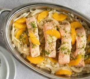 Salmon fillet on orange and fennel vegetables