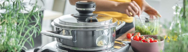 The EasyQuick steaming lid turns AMC pots into a steamer