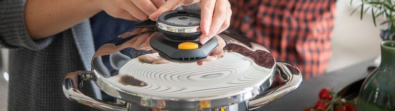 The Secuquick softline quick cooking lid transforms any AMC pot into a pressure cooker